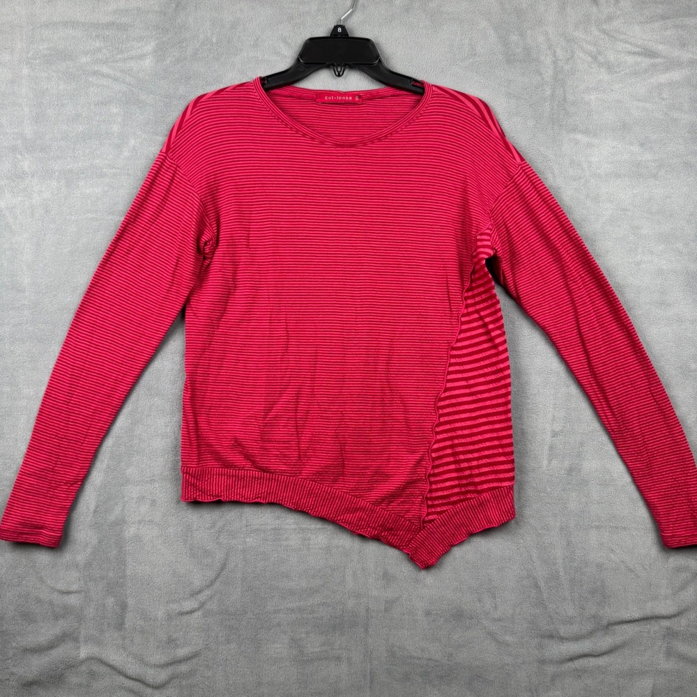 CUT LOOSE Pink Red Stripe‎ Asymmetrical Hem Long Sleeve Knit Top XS